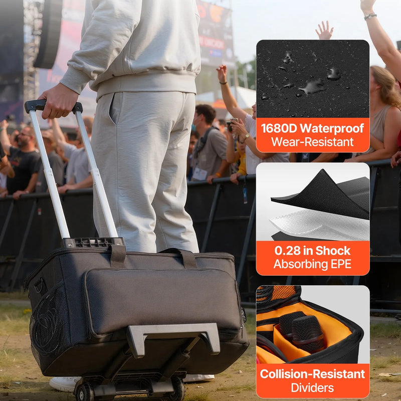 VEVOR DJ kabeļu soma ar riteņiem, 1680D, polsterēta gig soma ar 6 noņemamiem nodalījumiem, transportēšanas un uzglabāšanas soma mūzikas aprīkojumam, profesionālai DJ tehnikai, mūzikas instrumentiem un skaņas iekārtām