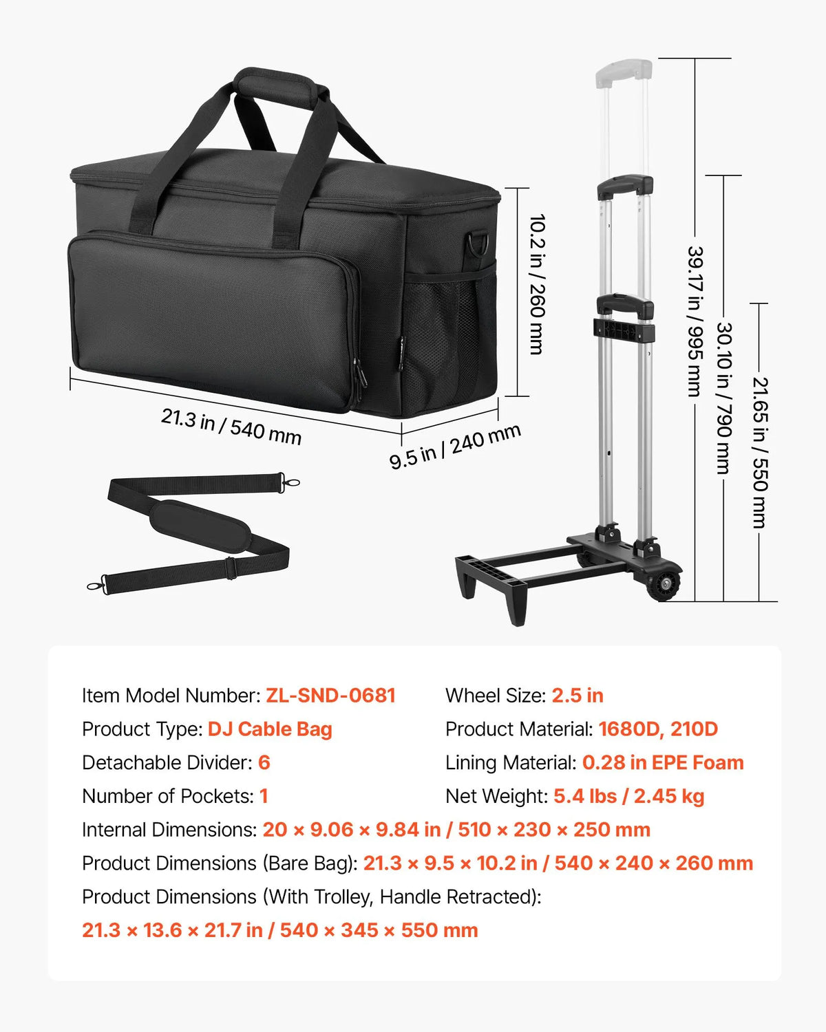 VEVOR DJ Cable Bag with Wheels, 1680D, 6 Removable Compartments, Music Equipment Storage