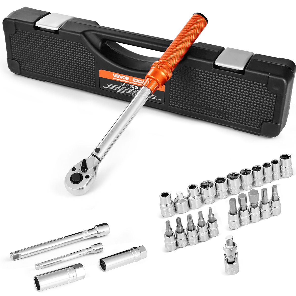 VEVOR Click-Type Torque Wrench Set, 9.5 mm Square, 5–60 Nm Torque Range, Bidirectional Operation, 72-Tooth Mechanism, ±3% Accuracy, with Sockets, Bits, Extension, Spark Plug Socket and Adapter, Orange