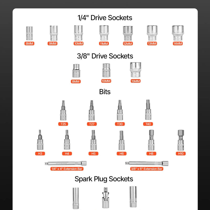 Griezes momenta atslēgu komplekts 5-60 N-m, divvirzienu, 72 zobu, ±3 % precizitāte, ar uzgaļiem un adapteri, oranžs