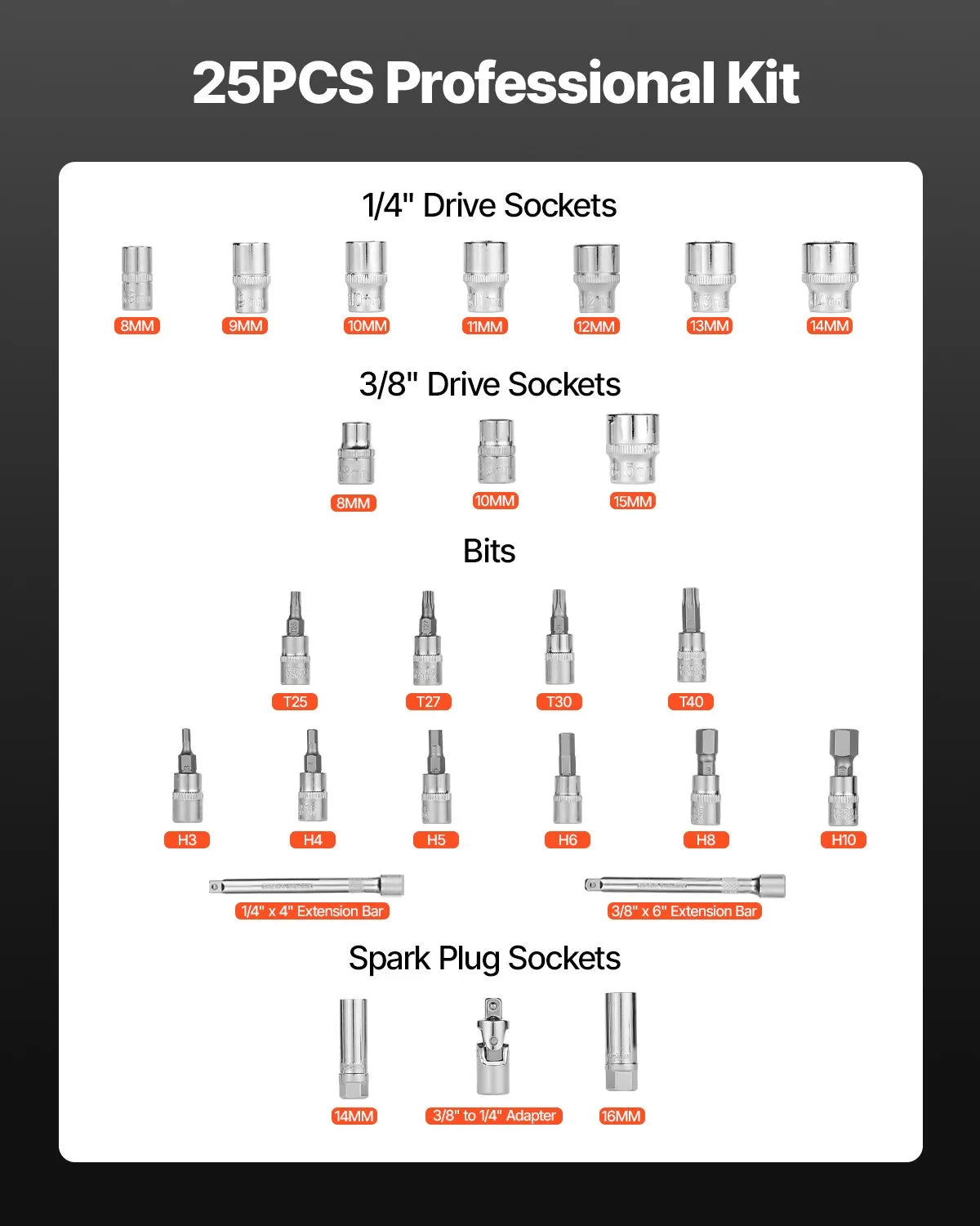 VEVOR Click-Type Torque Wrench Set, 9.5 mm Square, 5–60 Nm Torque Range, Bidirectional Operation, 72-Tooth Mechanism, ±3% Accuracy, with Sockets, Bits, Extension, Spark Plug Socket and Adapter, Orange