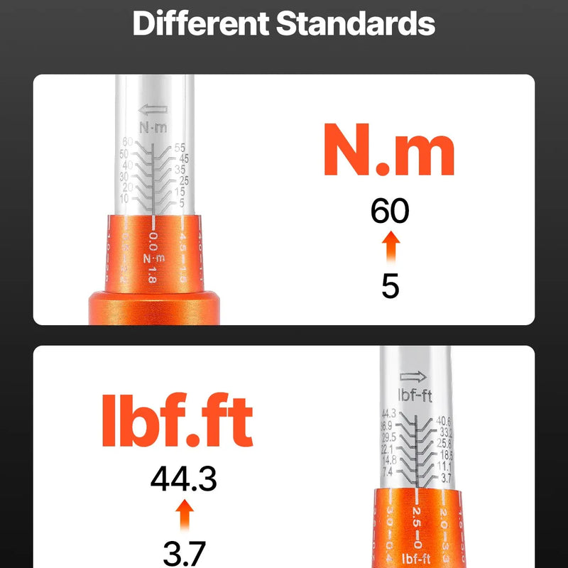 Griezes momenta atslēgu komplekts 5-60 N-m, divvirzienu, 72 zobu, ±3 % precizitāte, ar uzgaļiem un adapteri, oranžs