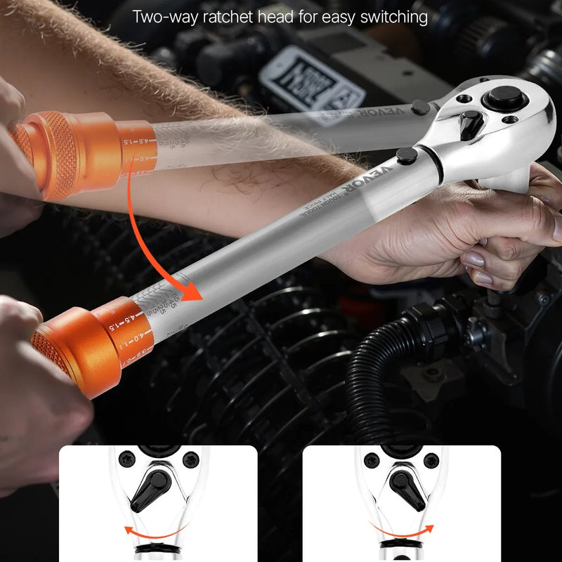 Griezes momenta atslēgu komplekts 5-60 N-m, divvirzienu, 72 zobu, ±3 % precizitāte, ar uzgaļiem un adapteri, oranžs