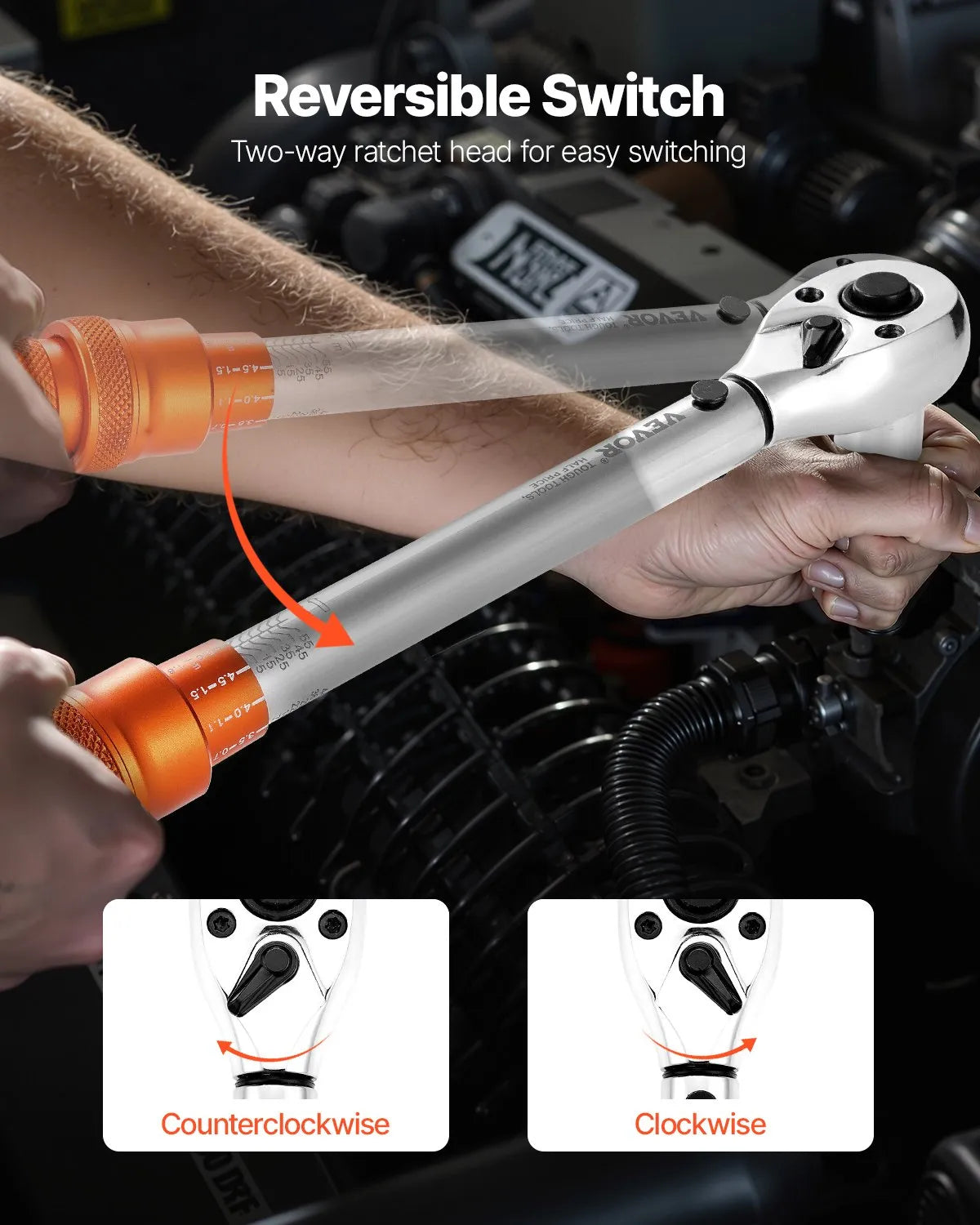 VEVOR Click-Type Torque Wrench Set, 9.5 mm Square, 5–60 Nm Torque Range, Bidirectional Operation, 72-Tooth Mechanism, ±3% Accuracy, with Sockets, Bits, Extension, Spark Plug Socket and Adapter, Orange