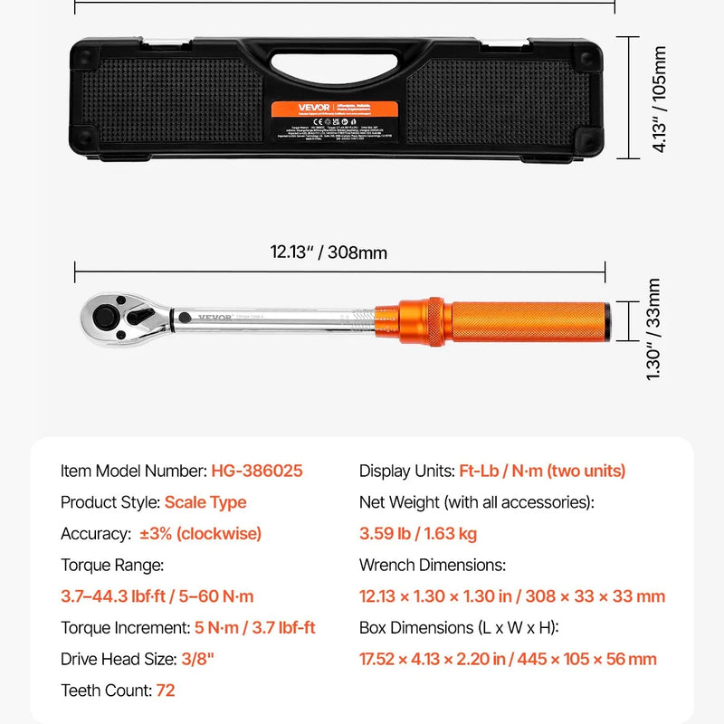 Griezes momenta atslēgu komplekts 5-60 N-m, divvirzienu, 72 zobu, ±3 % precizitāte, ar uzgaļiem un adapteri, oranžs
