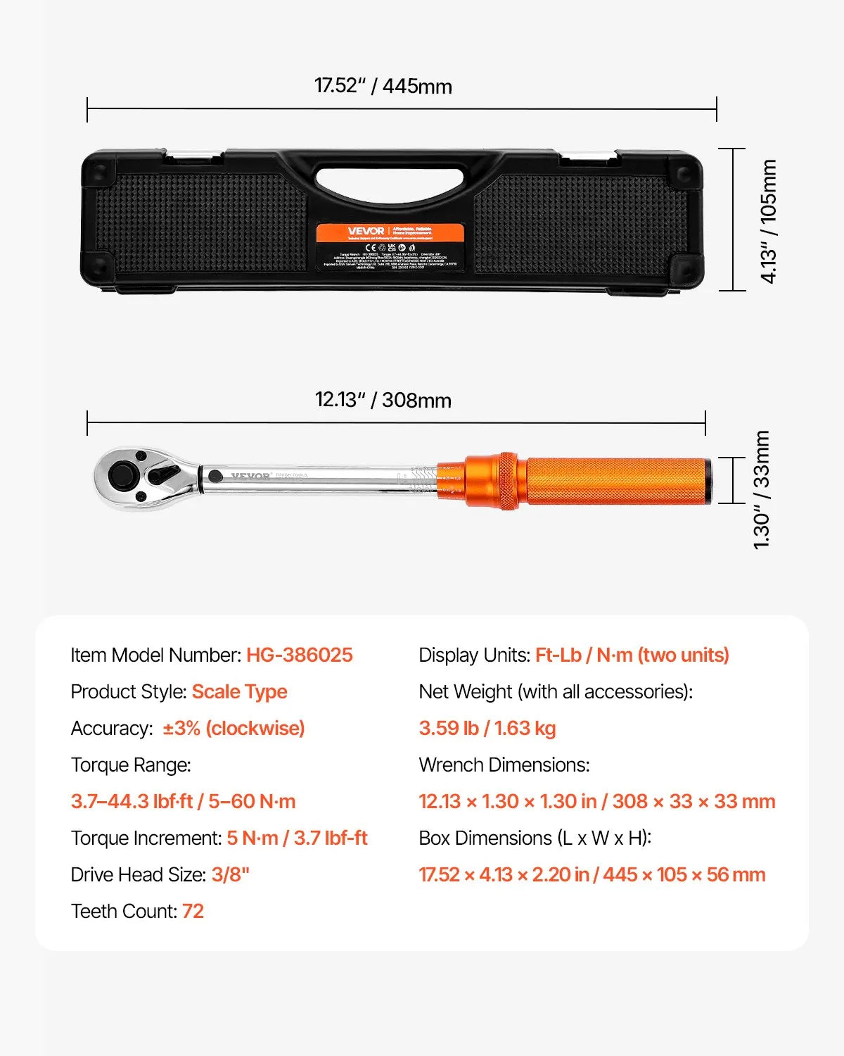 VEVOR Click-Type Torque Wrench Set, 9.5 mm Square, 5–60 Nm Torque Range, Bidirectional Operation, 72-Tooth Mechanism, ±3% Accuracy, with Sockets, Bits, Extension, Spark Plug Socket and Adapter, Orange