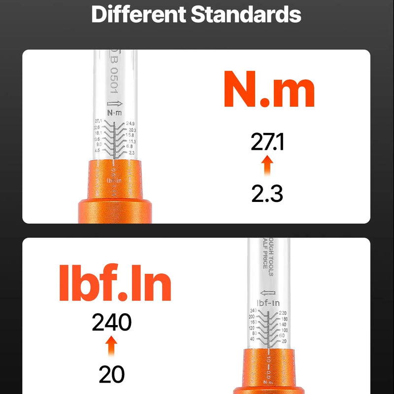 Klikšķa momentatslēgu komplekts, 6,35 mm, 2,3–27,1 Nm, oranža