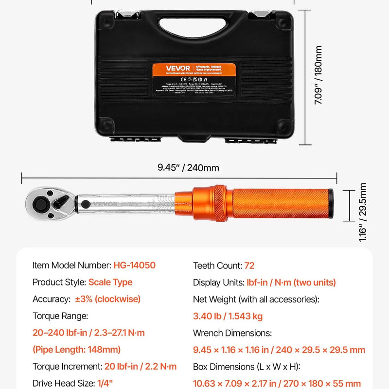 Klikšķa momentatslēgu komplekts, 6,35 mm, 2,3–27,1 Nm, oranža