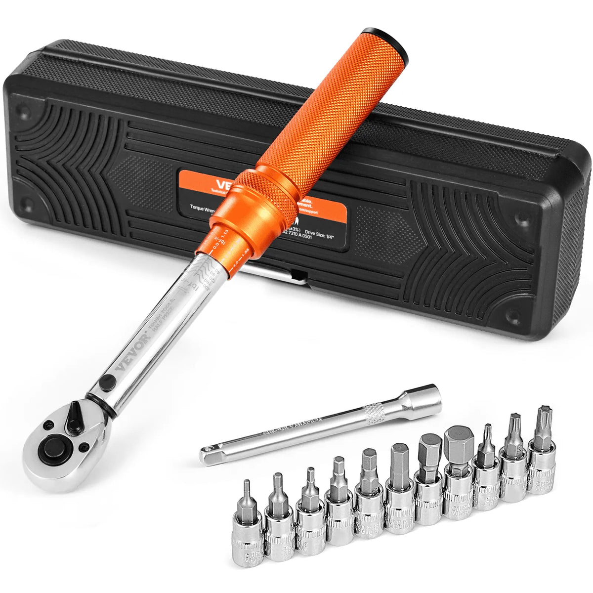 VEVOR Click-Type Torque Wrench Set, 6.35 mm Drive, 2.3–22.6 N·m Range, Bidirectional with Dual Scale, 72-Tooth Mechanism, ±3% High Precision, with Socket Set and Extension Bar, Bicycle Repair, Orange