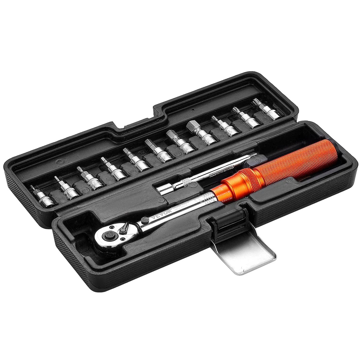 VEVOR Click-Type Torque Wrench Set, 6.35 mm Drive, 2.3–22.6 N·m Range, Bidirectional with Dual Scale, 72-Tooth Mechanism, ±3% High Precision, with Socket Set and Extension Bar, Bicycle Repair, Orange