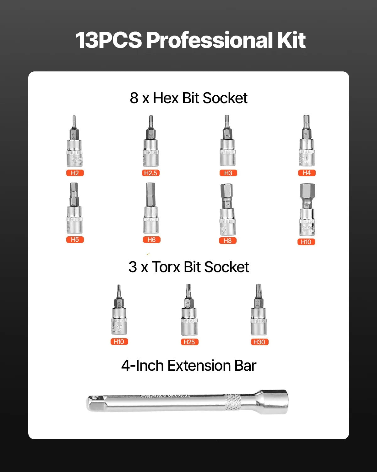 VEVOR Click-Type Torque Wrench Set, 6.35 mm Drive, 2.3–22.6 N·m Range, Bidirectional with Dual Scale, 72-Tooth Mechanism, ±3% High Precision, with Socket Set and Extension Bar, Bicycle Repair, Orange