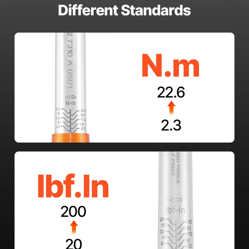 Klikšķa momentatslēgu komplekts, 6,35 mm, 2,3–22,6 Nm, oranža
