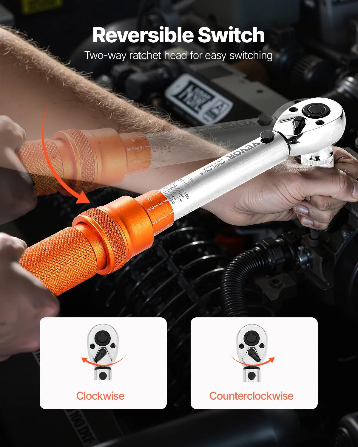 VEVOR Click-Type Torque Wrench Set, 6.35 mm Drive, 2.3–22.6 N·m Range, Bidirectional with Dual Scale, 72-Tooth Mechanism, ±3% High Precision, with Socket Set and Extension Bar, Bicycle Repair, Orange