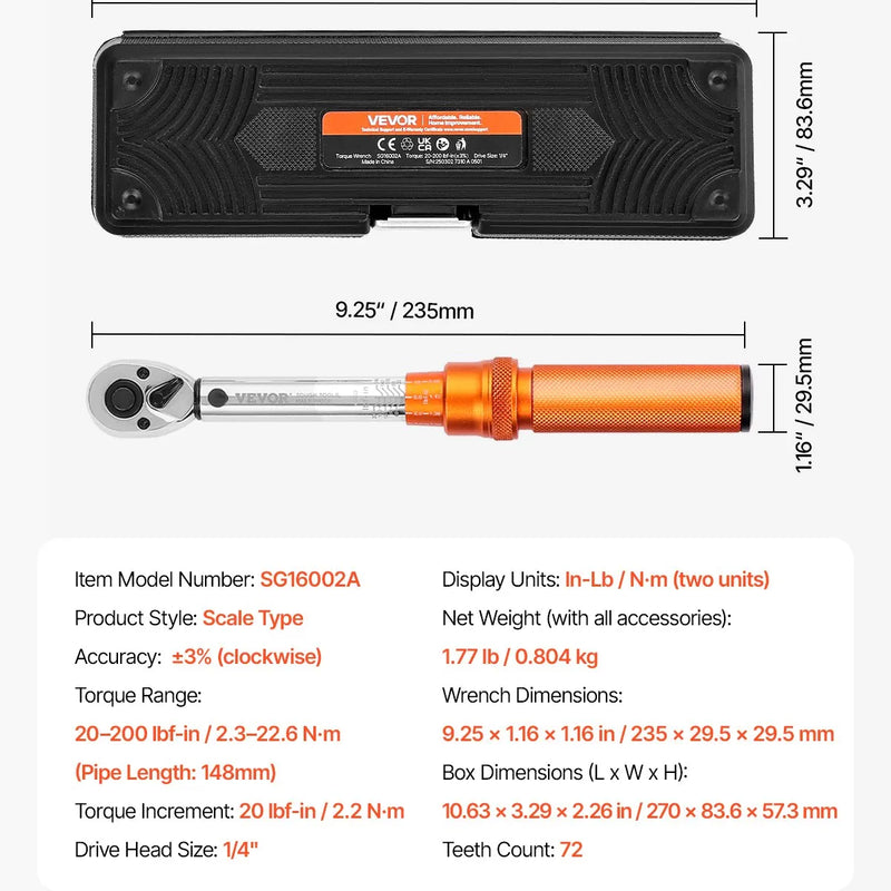 Klikšķa momentatslēgu komplekts, 6,35 mm, 2,3–22,6 Nm, oranža