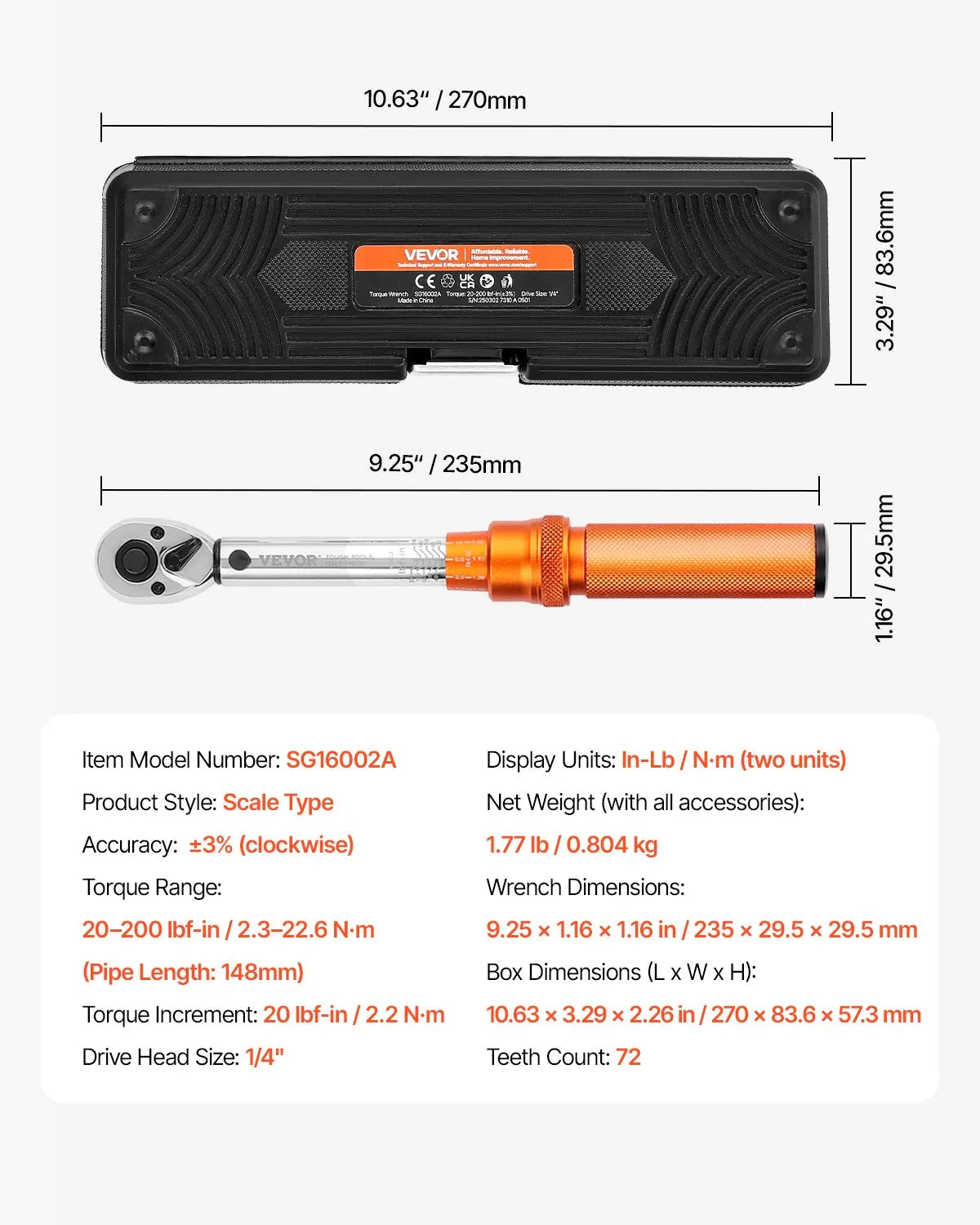 VEVOR Click-Type Torque Wrench Set, 6.35 mm Drive, 2.3–22.6 N·m Range, Bidirectional with Dual Scale, 72-Tooth Mechanism, ±3% High Precision, with Socket Set and Extension Bar, Bicycle Repair, Orange