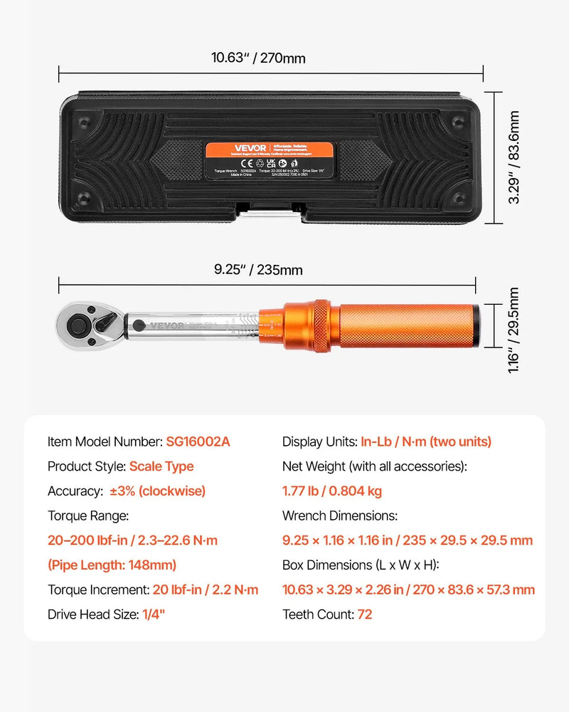 Klikšķa momentatslēgu komplekts, 6,35 mm, 2,3–22,6 Nm, oranža
