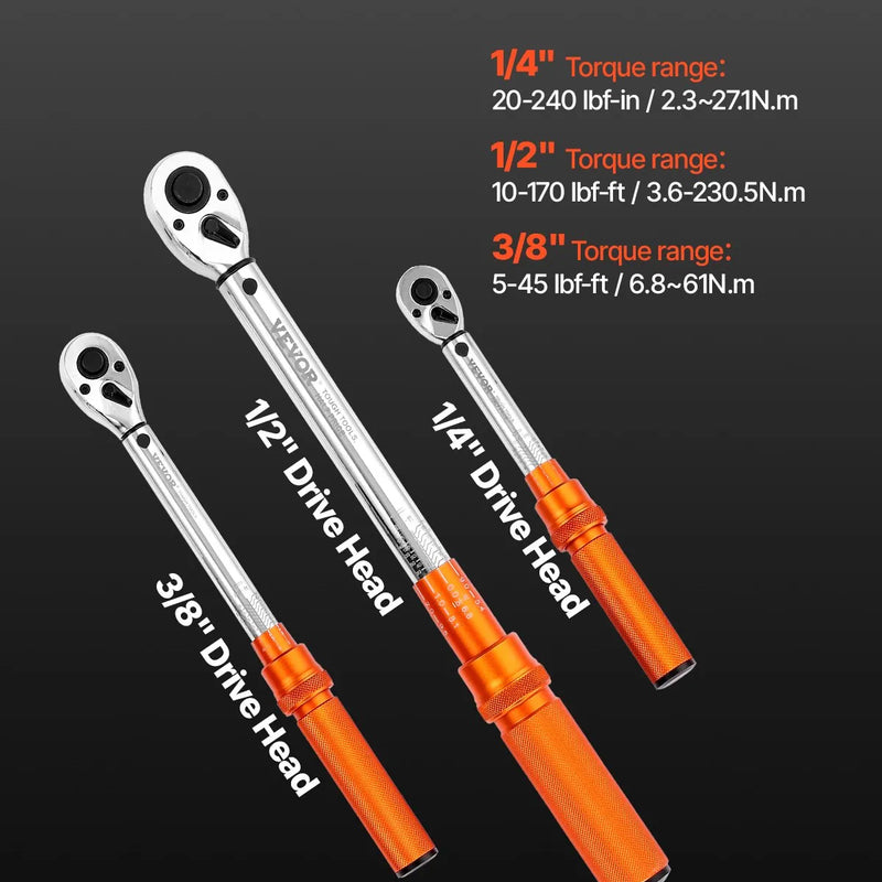 Klikšķa momentatslēgu komplekts, 3 daļas, 6,35 / 9,5 / 12,7 mm, divvirzienu