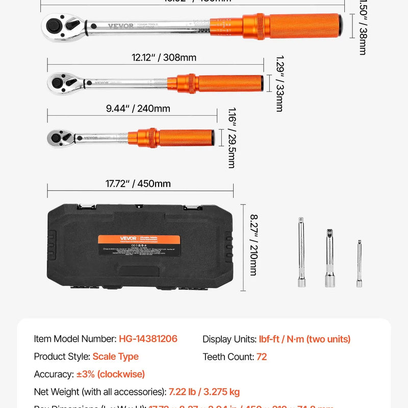 Klikšķa momentatslēgu komplekts, 3 daļas, 6,35 / 9,5 / 12,7 mm, divvirzienu