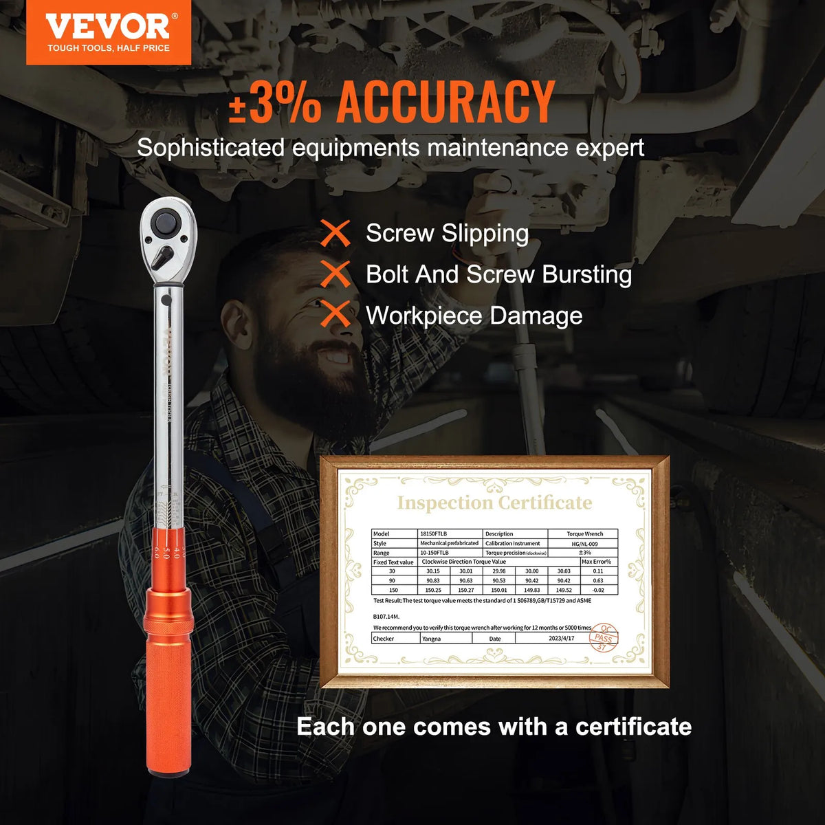 VEVOR Torque Wrench, 1/2" Drive, Adjustable Range 14–204 N·m, Mechanical Click Type Wrench with Bi-directional Operation, Dual Scale Display, Includes Adapters and Extension Bar