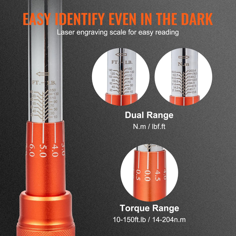 Klikšķa tipa griezes atslēga 12,7 mm, 14–204 Nm, divvirzienu ar piederumiem un pagarinātāju