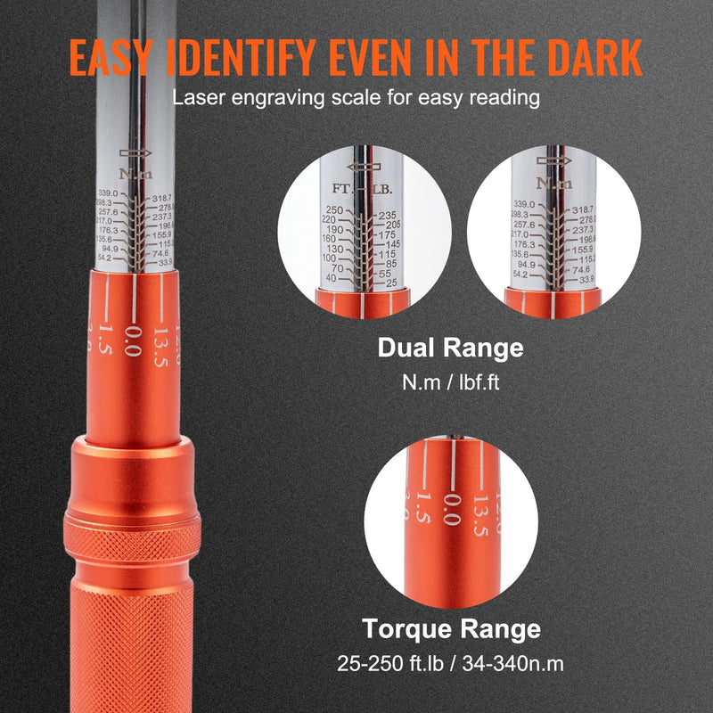 Griezes atslēga 12,7 mm, klikšķa mehānisms, 34–340 Nm, divvirzienu regulējama, ar skalām, adapteriem un pagarinājuma stieni