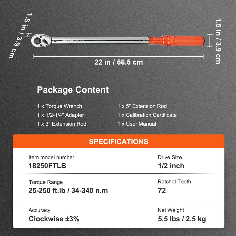Griezes atslēga 12,7 mm, klikšķa mehānisms, 34–340 Nm, divvirzienu regulējama, ar skalām, adapteriem un pagarinājuma stieni