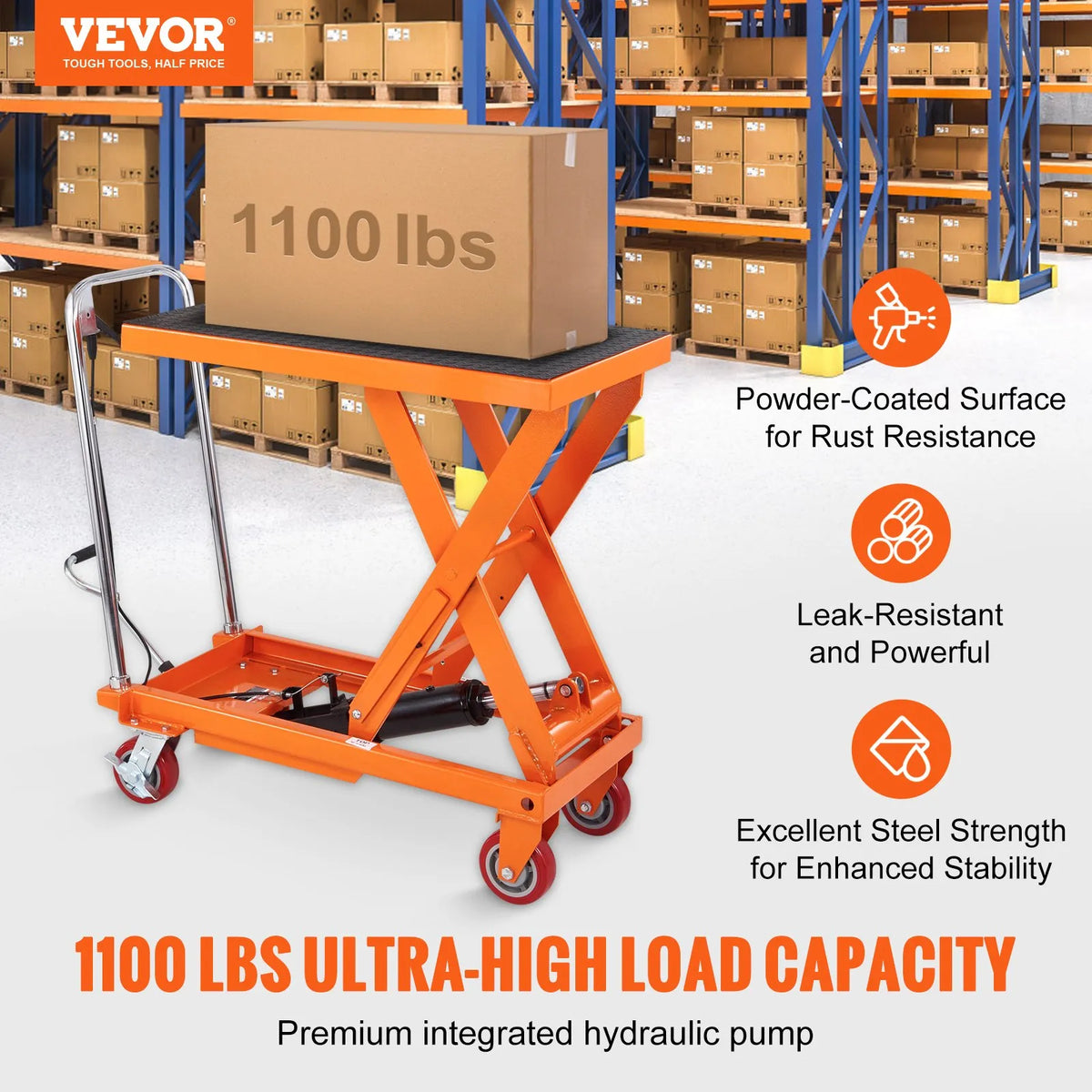 VEVOR Hydraulic Lift Table Trolley 500 kg, Manual Single Scissor Lifting Table with 4 Wheels and Non-Slip Surface for Material Handling and Transport