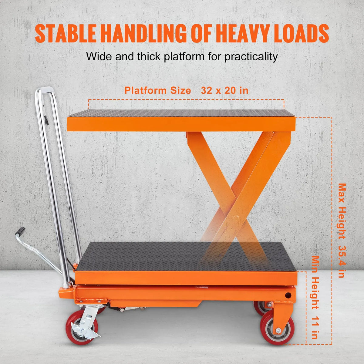 VEVOR Hydraulic Lift Table Trolley 500 kg, Manual Single Scissor Lifting Table with 4 Wheels and Non-Slip Surface for Material Handling and Transport