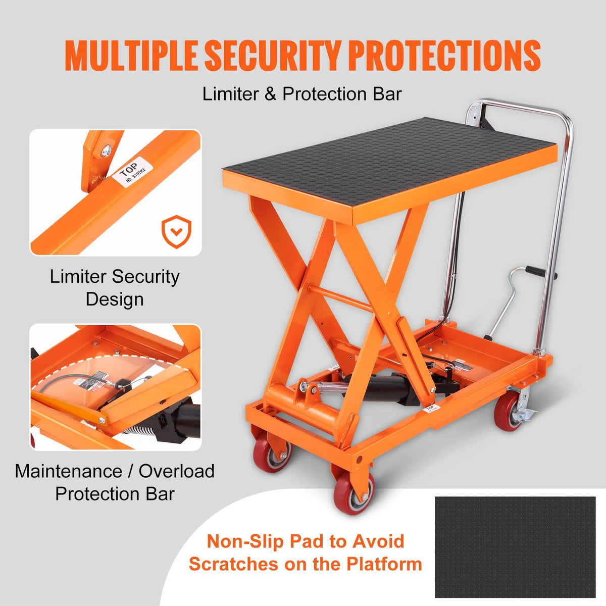 VEVOR Hydraulic Lift Table Trolley 500 kg, Manual Single Scissor Lifting Table with 4 Wheels and Non-Slip Surface for Material Handling and Transport