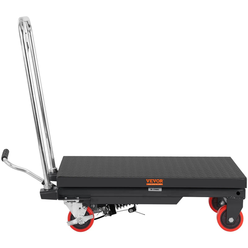 VEVOR hidrauliskais pacelšanas galds-ratiņi 230 kg, manuāls vienšķēru pacēlājgalds ar 4 riteņiem un neslīdošu pārklājumu materiālu pārvietošanai, melns