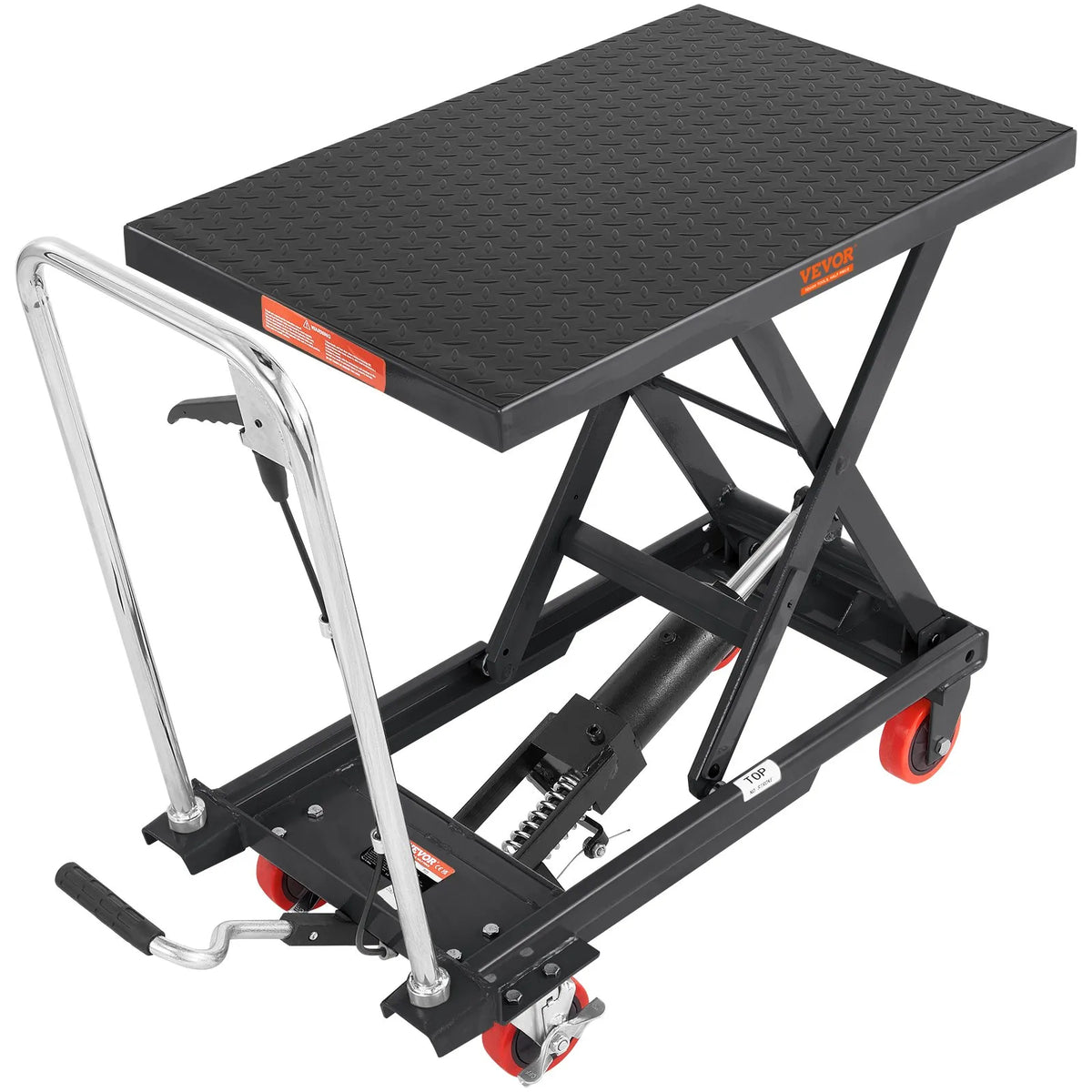 VEVOR hidrauliskais pacelšanas galds-ratiņi 230 kg, manuāls vienšķēru pacēlājgalds ar 4 riteņiem un neslīdošu pārklājumu materiālu pārvietošanai, melns