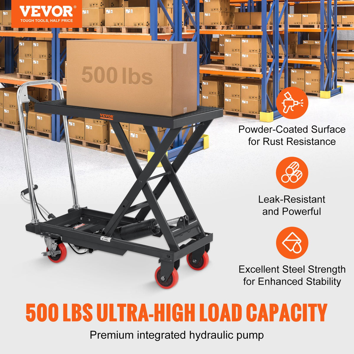 VEVOR hidrauliskais pacelšanas galds-ratiņi 230 kg, manuāls vienšķēru pacēlājgalds ar 4 riteņiem un neslīdošu pārklājumu materiālu pārvietošanai, melns