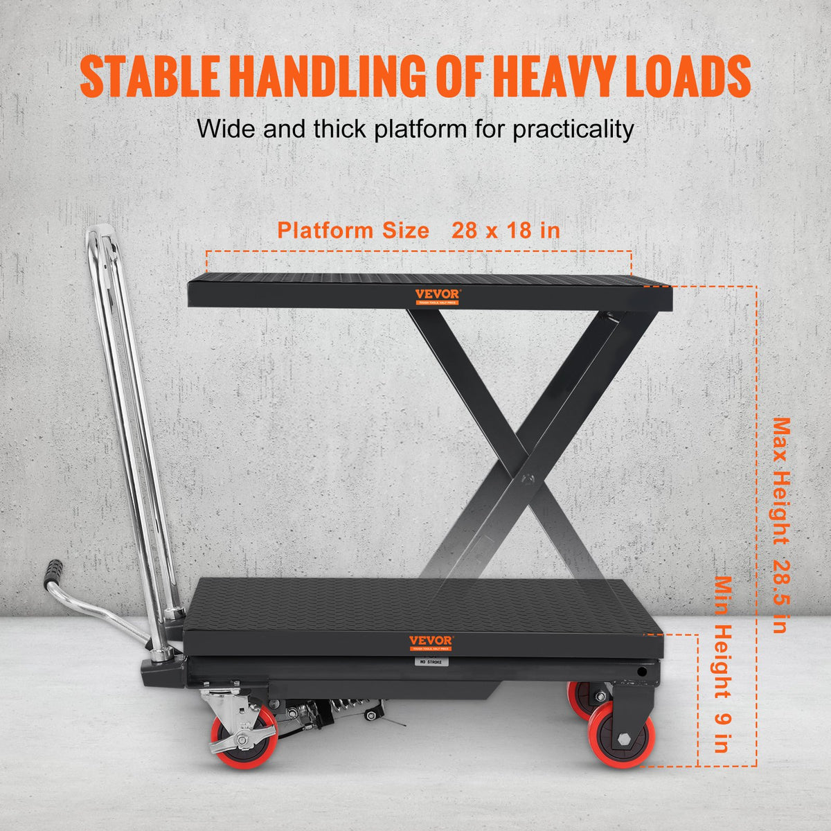 VEVOR hidrauliskais pacelšanas galds-ratiņi 230 kg, manuāls vienšķēru pacēlājgalds ar 4 riteņiem un neslīdošu pārklājumu materiālu pārvietošanai, melns