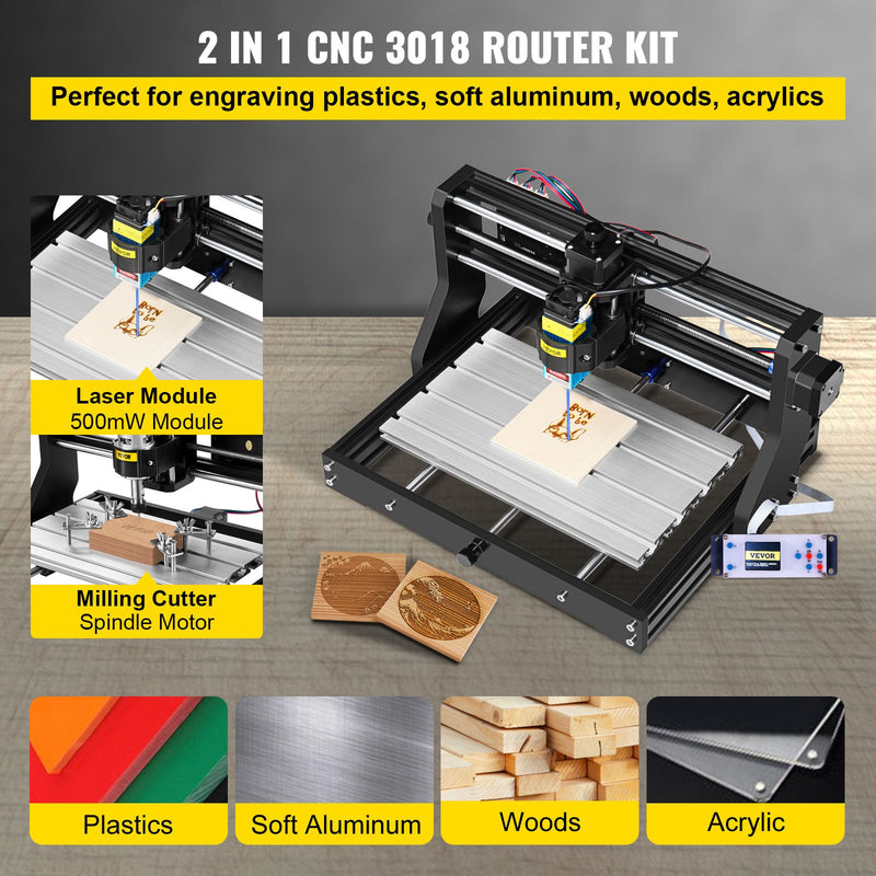 VEVOR CNC 3018 Pro 500mW 300×180×45 mm CNC mašīna ar GRBL vadību, mini lāzera gravētājs ar offline kontrolieri, 3 asi lāzera gravēšanas mašīna grebšanai un frēzēšanai plastmasai, akriliem, PVC un kokam