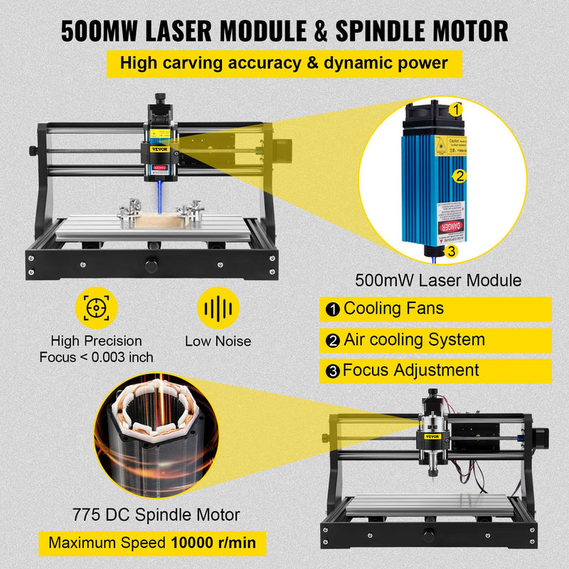 VEVOR CNC 3018 Pro 500mW 300×180×45 mm CNC mašīna ar GRBL vadību, mini lāzera gravētājs ar offline kontrolieri, 3 asi lāzera gravēšanas mašīna grebšanai un frēzēšanai plastmasai, akriliem, PVC un kokam