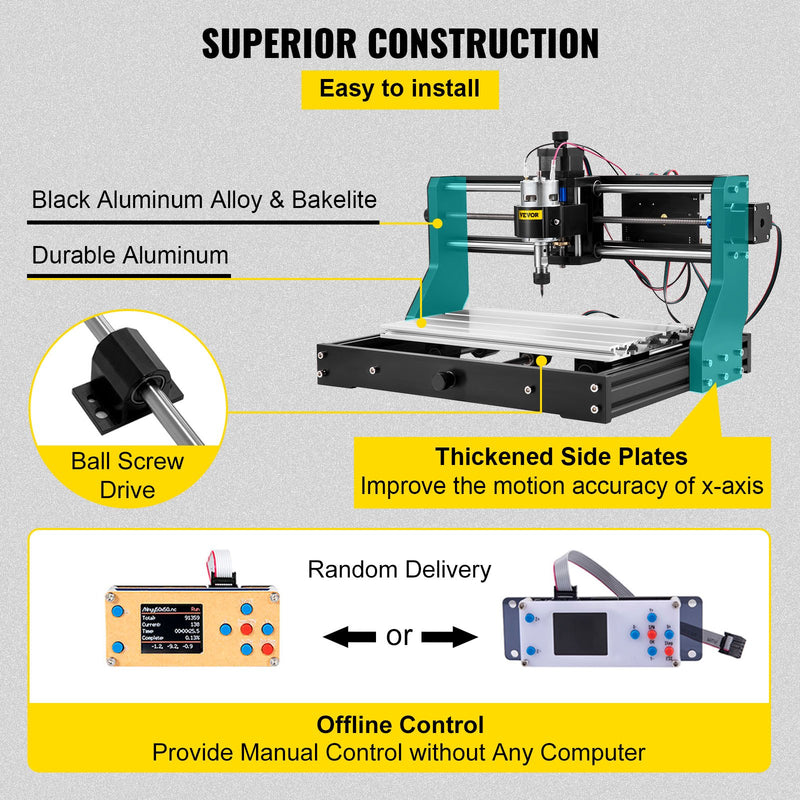 VEVOR CNC 3018 Pro 500mW 300×180×45 mm CNC mašīna ar GRBL vadību, mini lāzera gravētājs ar offline kontrolieri, 3 asi lāzera gravēšanas mašīna grebšanai un frēzēšanai plastmasai, akriliem, PVC un kokam