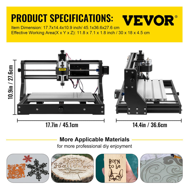 VEVOR CNC 3018 Pro 500mW 300×180×45 mm CNC mašīna ar GRBL vadību, mini lāzera gravētājs ar offline kontrolieri, 3 asi lāzera gravēšanas mašīna grebšanai un frēzēšanai plastmasai, akriliem, PVC un kokam