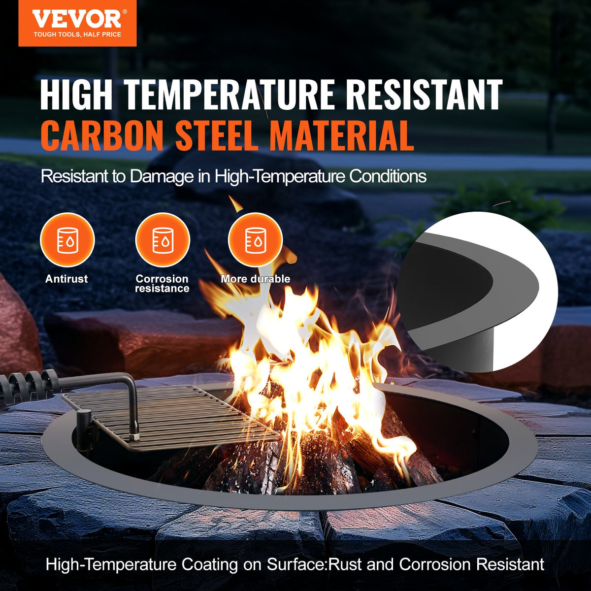 VEVOR Fire Ring with Grill Function – 89 cm Outdoor Steel DIY Fire Pit Insert