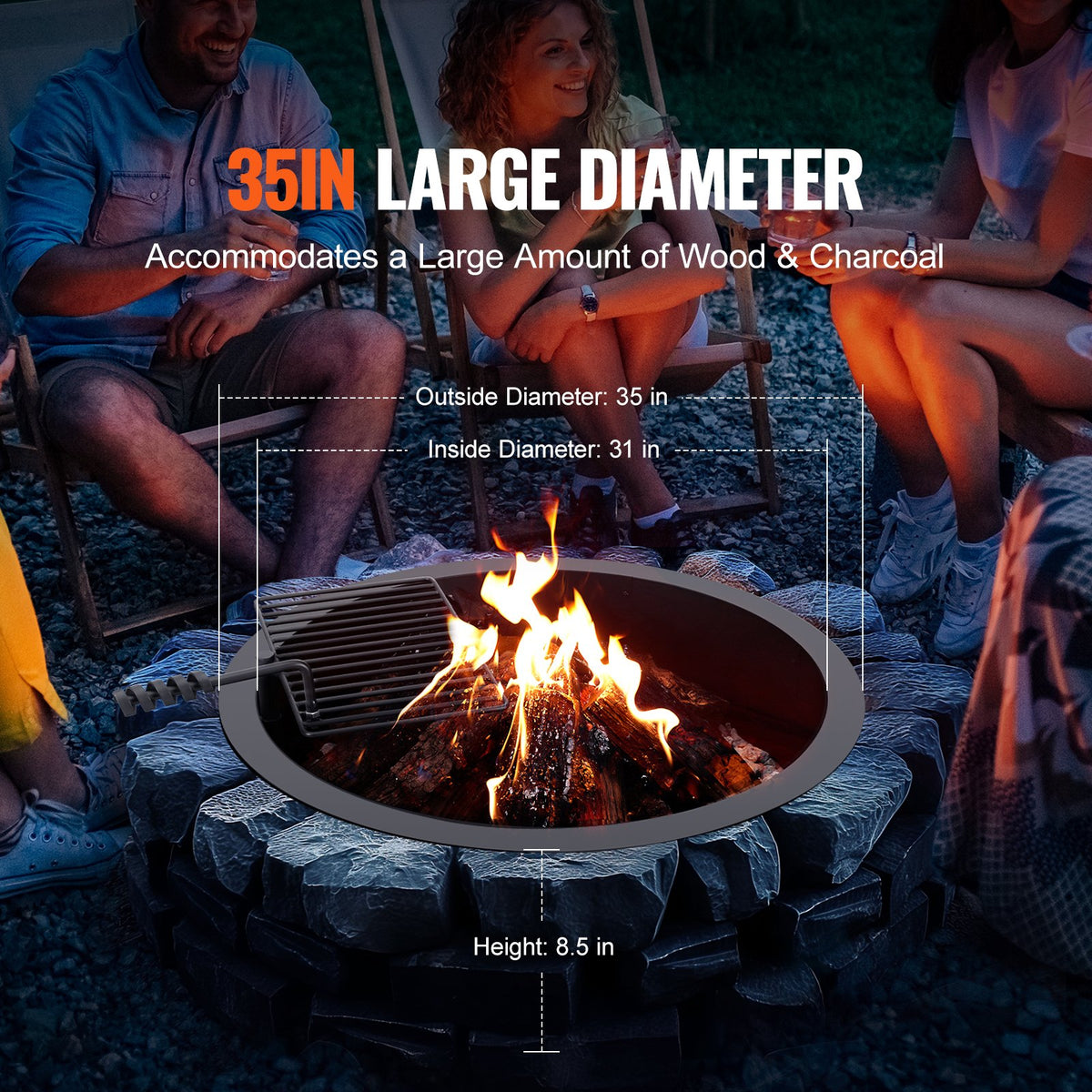 VEVOR Fire Ring with Grill Function – 89 cm Outdoor Steel DIY Fire Pit Insert