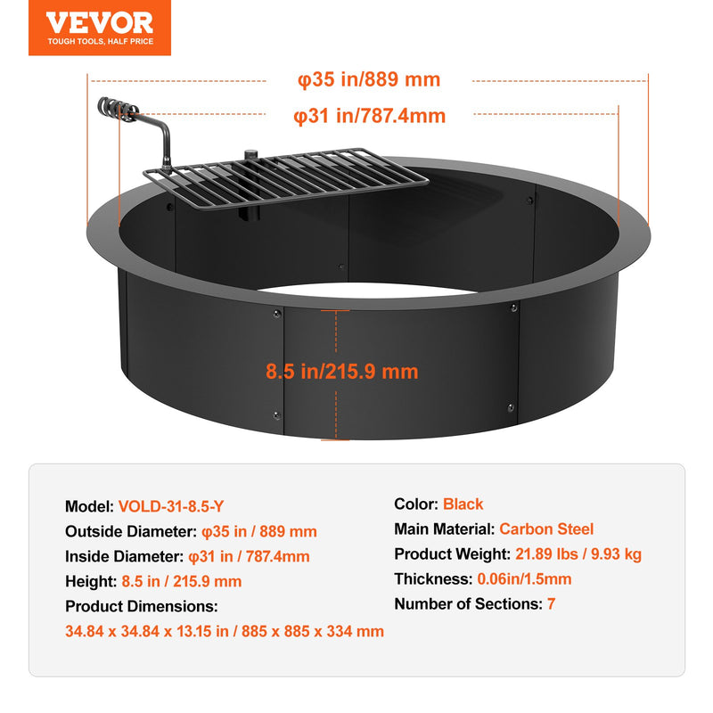 VEVOR ugunskura gredzens ar grila funkciju – 89 cm ārējais tērauda DIY ugunskura ieliktnis