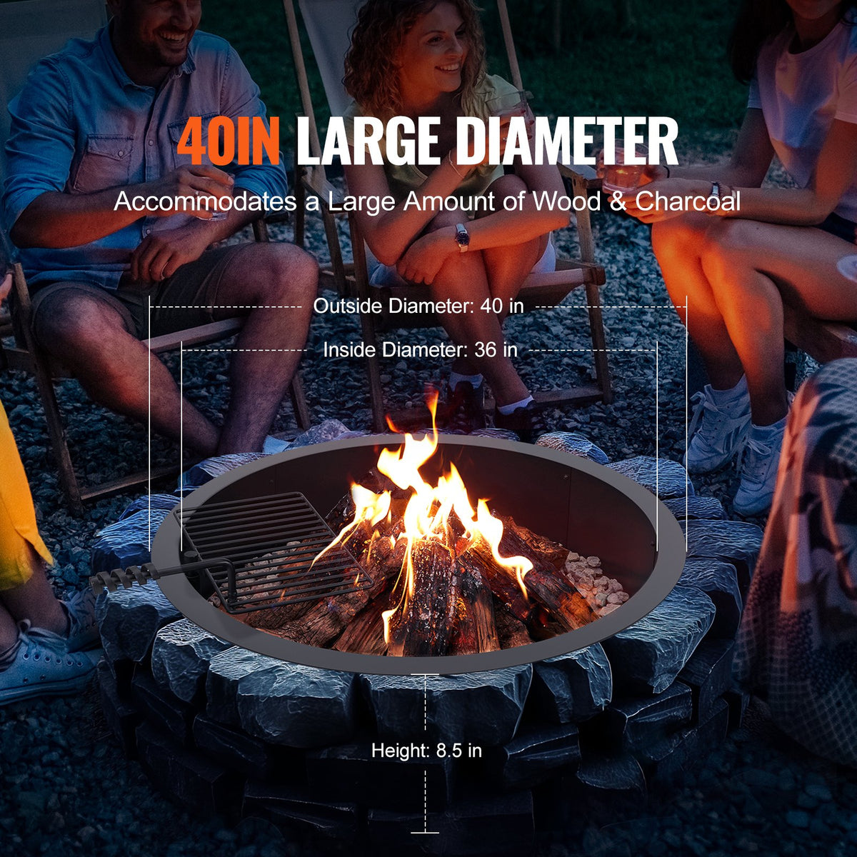 VEVOR Fire Pit Ring with Grill Function – 102 cm Outer Steel DIY Fire Pit Insert