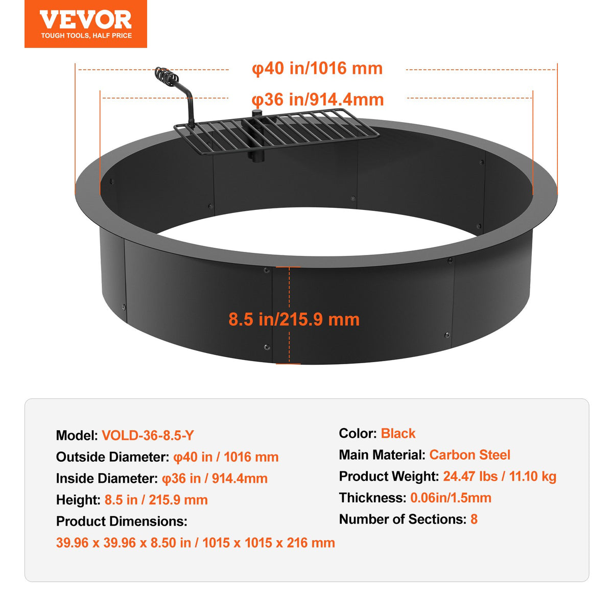 VEVOR Fire Pit Ring with Grill Function – 102 cm Outer Steel DIY Fire Pit Insert