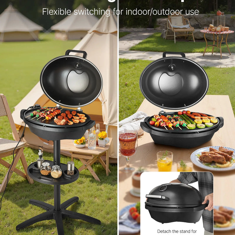 VEVOR elektriskais grils 2400 W, 2-in-1 stāvošs un galda elektriskais BBQ grils lietošanai telpās un ārā, regulējama temperatūra 50–350 °C, nelīpoša ar keramiku pārklāta grilēšanas plāksne ballītēm un grilēšanai pagalmā