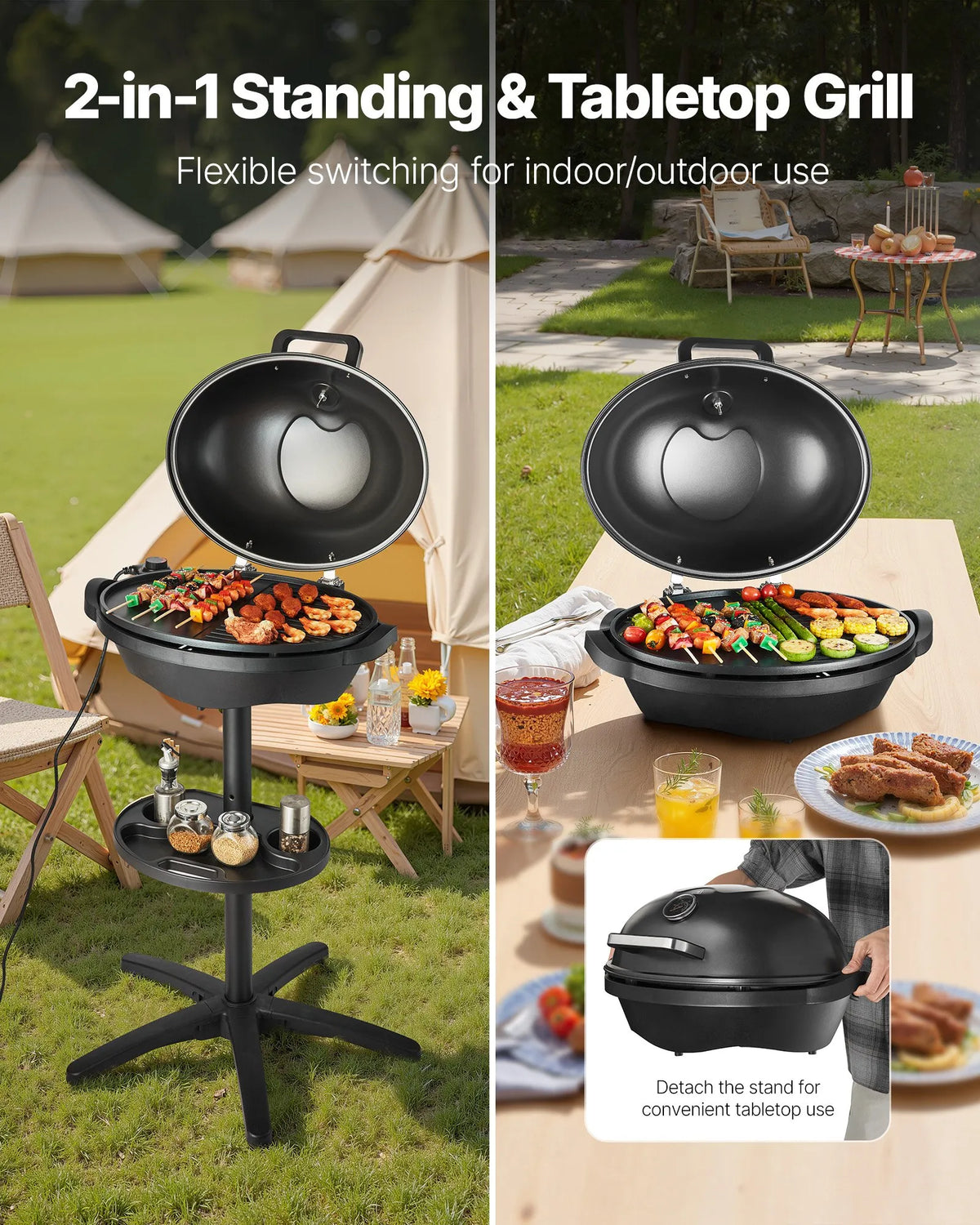 VEVOR Electric Grill 2400 W, 2-in-1 Standing and Tabletop Electric BBQ Grill for Indoor and Outdoor Use, Adjustable Temperature 50–350 °C, Non-Stick Ceramic-Coated Grill Plate for Parties and Backyard Grilling