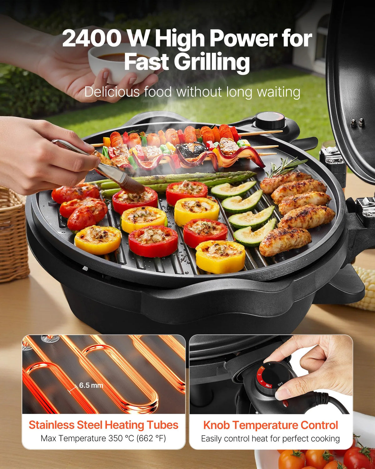 VEVOR Electric Grill 2400 W, 2-in-1 Standing and Tabletop Electric BBQ Grill for Indoor and Outdoor Use, Adjustable Temperature 50–350 °C, Non-Stick Ceramic-Coated Grill Plate for Parties and Backyard Grilling