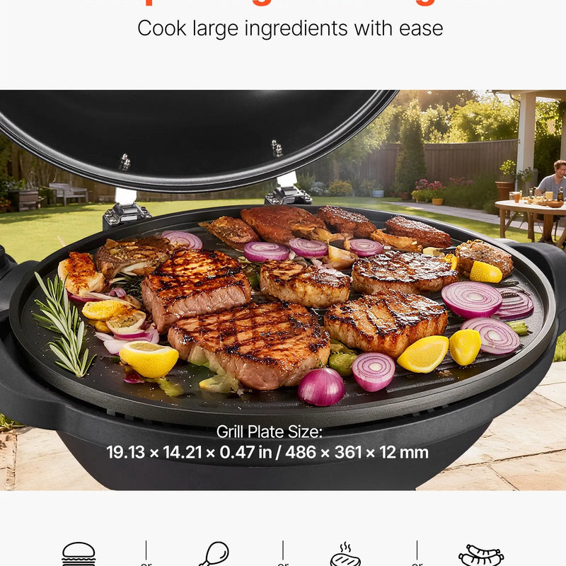 VEVOR elektriskais grils 2400 W, 2-in-1 stāvošs un galda elektriskais BBQ grils lietošanai telpās un ārā, regulējama temperatūra 50–350 °C, nelīpoša ar keramiku pārklāta grilēšanas plāksne ballītēm un grilēšanai pagalmā