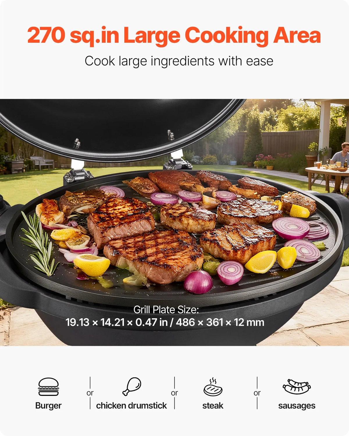 VEVOR Electric Grill 2400 W, 2-in-1 Standing and Tabletop Electric BBQ Grill for Indoor and Outdoor Use, Adjustable Temperature 50–350 °C, Non-Stick Ceramic-Coated Grill Plate for Parties and Backyard Grilling