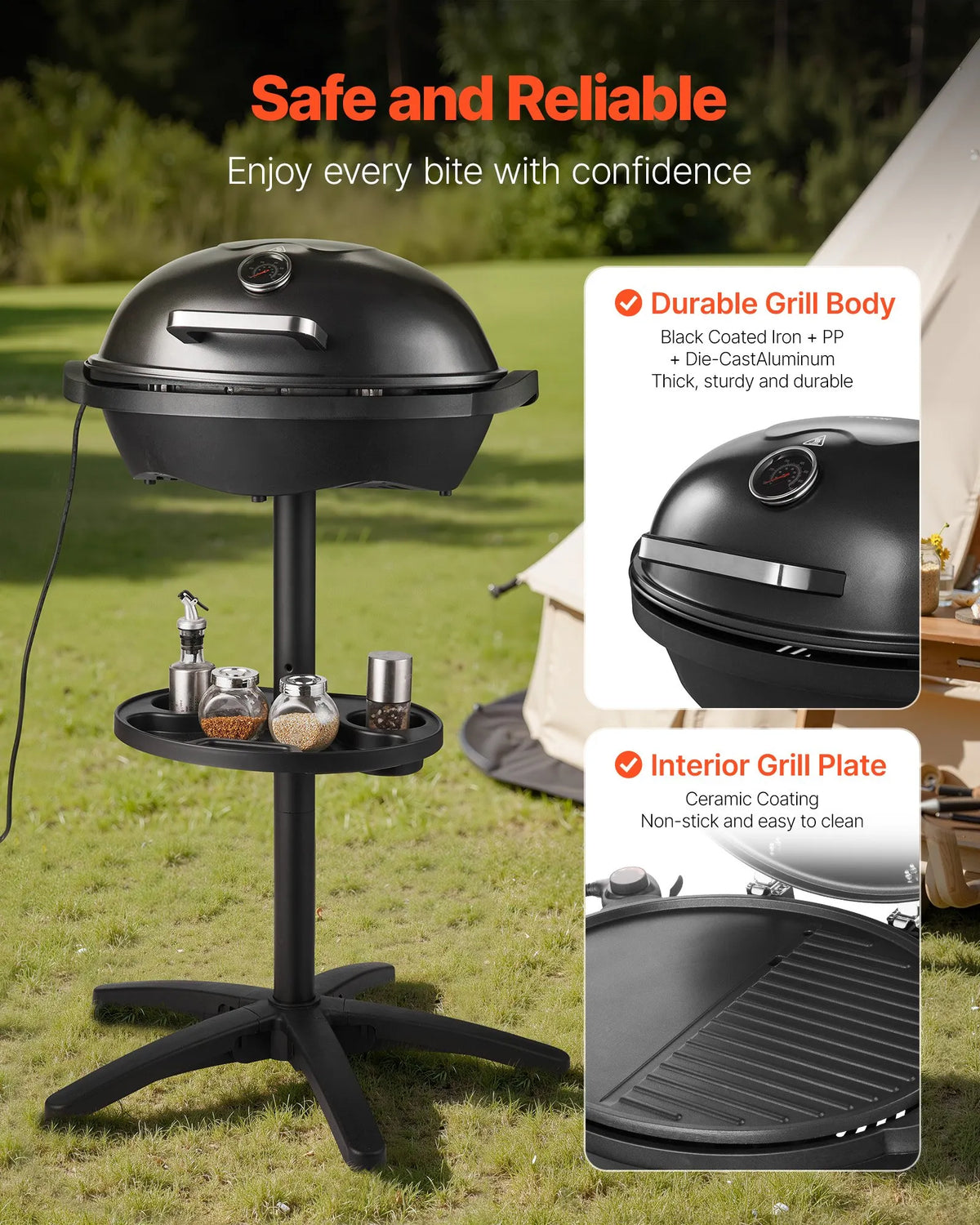 VEVOR Electric Grill 2400 W, 2-in-1 Standing and Tabletop Electric BBQ Grill for Indoor and Outdoor Use, Adjustable Temperature 50–350 °C, Non-Stick Ceramic-Coated Grill Plate for Parties and Backyard Grilling