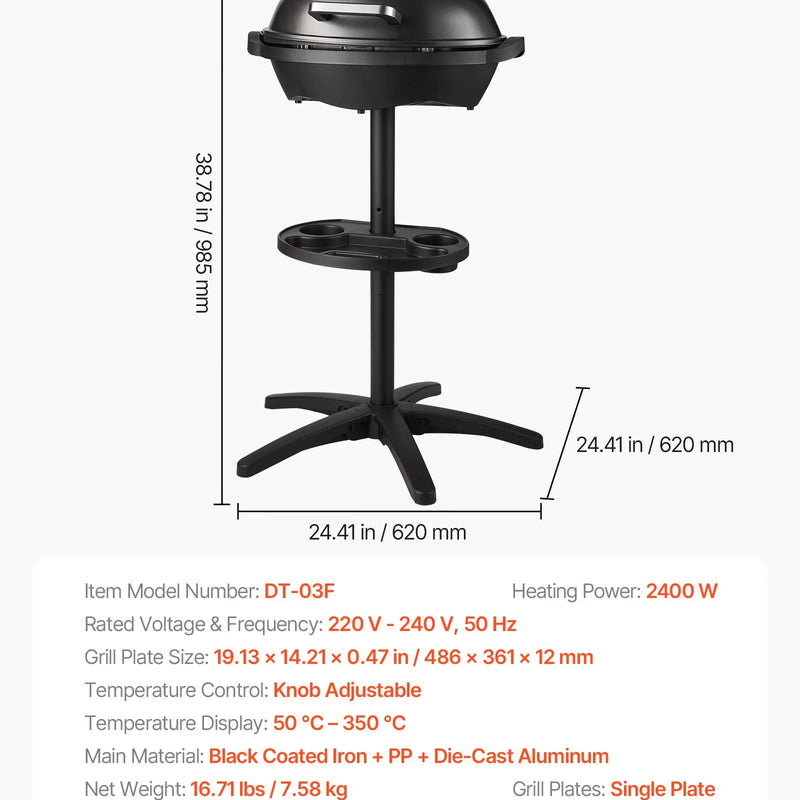 VEVOR elektriskais grils 2400 W, 2-in-1 stāvošs un galda elektriskais BBQ grils lietošanai telpās un ārā, regulējama temperatūra 50–350 °C, nelīpoša ar keramiku pārklāta grilēšanas plāksne ballītēm un grilēšanai pagalmā