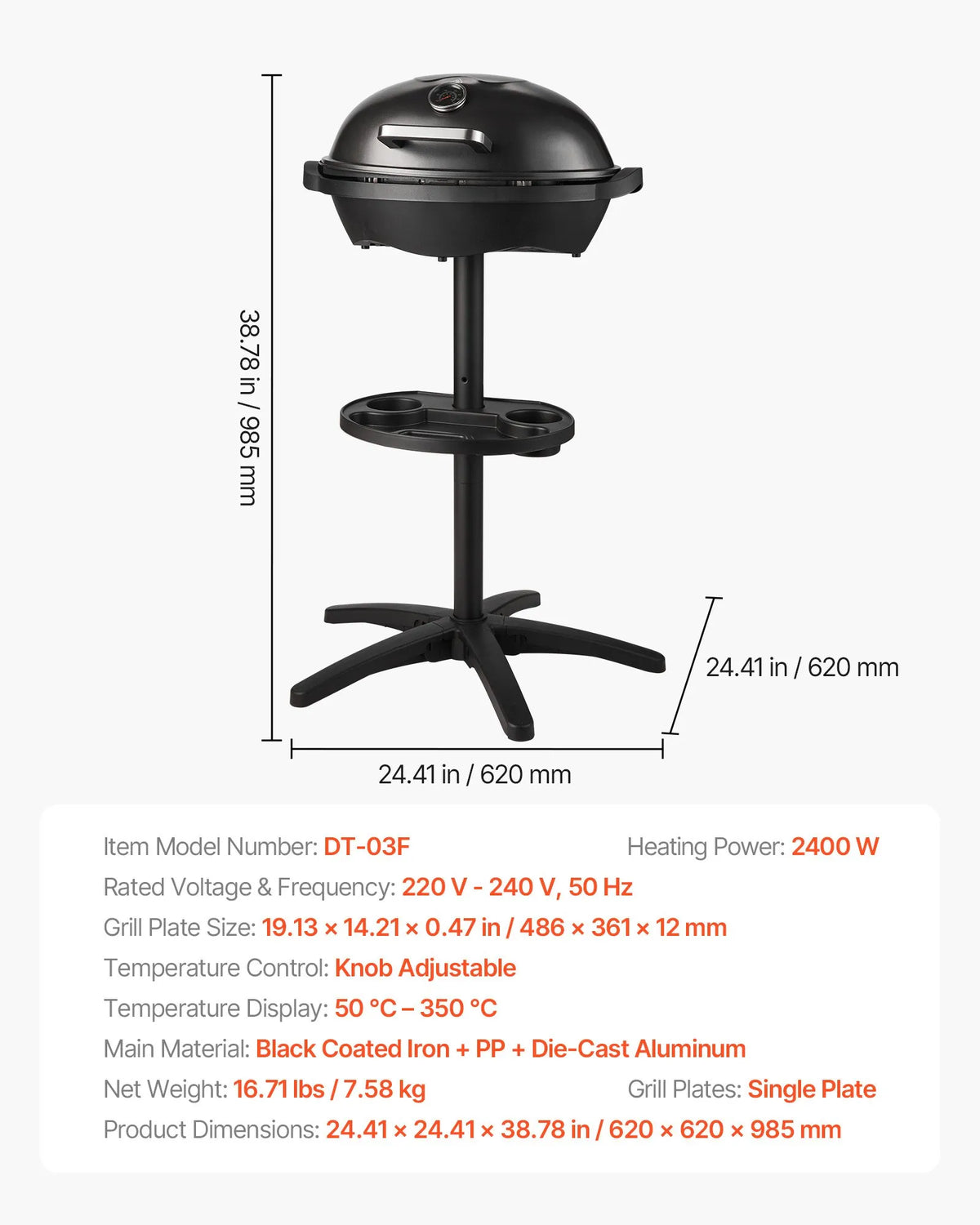 VEVOR Electric Grill 2400 W, 2-in-1 Standing and Tabletop Electric BBQ Grill for Indoor and Outdoor Use, Adjustable Temperature 50–350 °C, Non-Stick Ceramic-Coated Grill Plate for Parties and Backyard Grilling